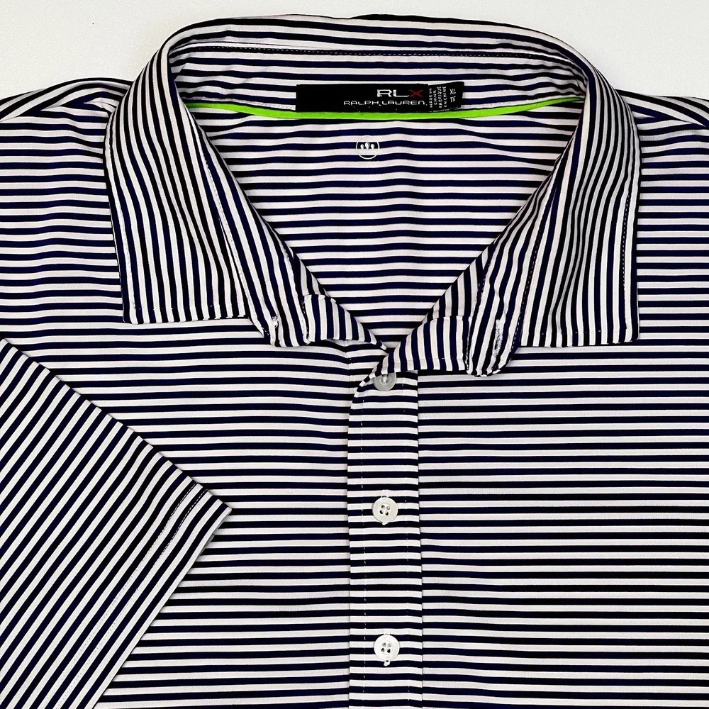 RLX Ralph Lauren Mens XL Purple/White Striped Wicking Lightweight Golf Polo